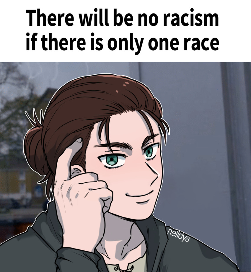 1boy artist_name brown_hair commentary english_commentary english_text eren_yeager green_eyes hair_bun highres hood hoodie jacket looking_at_viewer male_focus medium_hair meme mina_(als_dk) parody pointing pointing_at_self roll_safe_(meme) shingeki_no_kyojin signature single_hair_bun smile solo truth