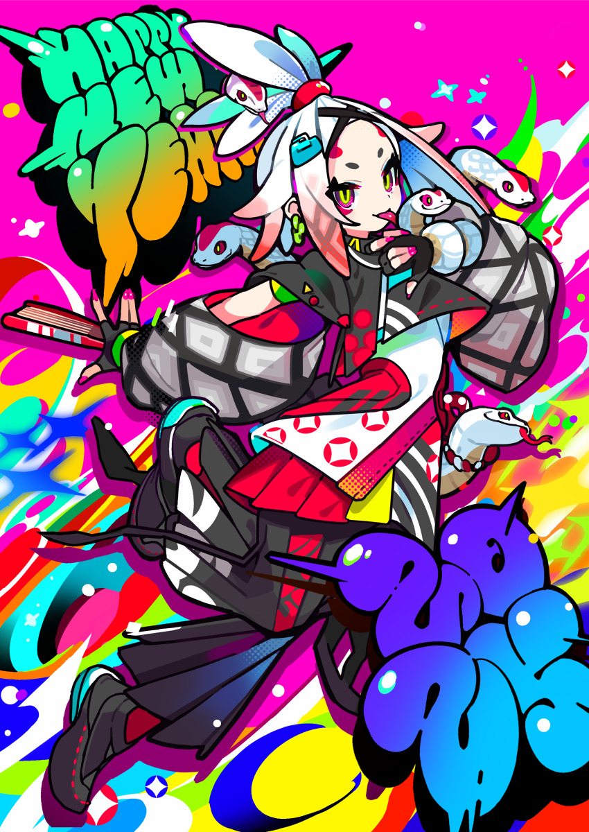 1girl absurdres black_footwear black_gloves closed_mouth english_text fingerless_gloves gloves gradient_hair happy_new_year highres kurumitsu multicolored_hair nail_polish new_year original pink_nails smile snake snake_on_head snake_wrapped_around_arm tongue tongue_out topknot white_hair