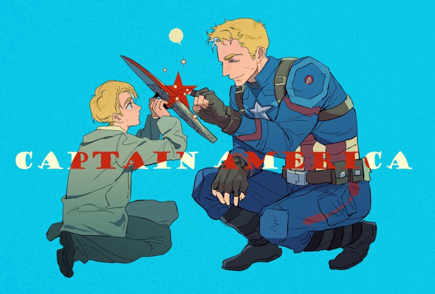2boys belt black_boots black_shoes blonde_hair blue_background blue_bodysuit blue_eyes bodysuit boots brown_belt captain_america captain_america_(series) character_name closed_eyes closed_mouth commentary dual_persona english_commentary fingerless_gloves gloves grey_gloves grey_jacket grey_pants hand_up hands_up highres holding holding_shield jacket looking_at_another male_focus marvel marvel_cinematic_universe multiple_boys open_clothes open_jacket pants pocket shield shoes short_hair simple_background sitting smile squatting star_(symbol) steve_rogers superhero_costume vertical-striped_bodysuit yyrt_5210