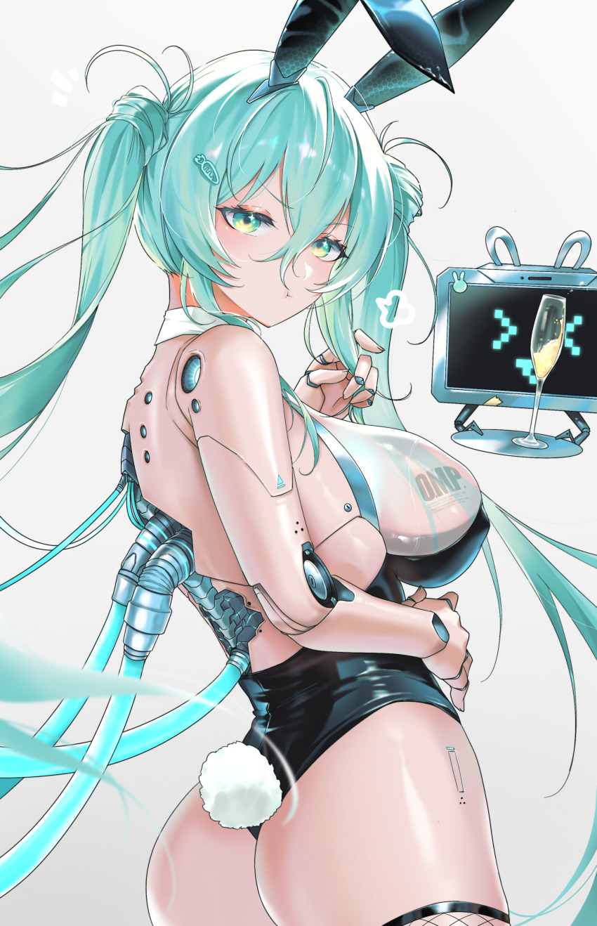 1girl :t absurdres android animal_ears ass bare_shoulders black_leotard breasts carrot_hair_ornament charging_device commentary_request cowboy_shot detached_collar fake_animal_ears fake_tail fishnet_thighhighs fishnets food-themed_hair_ornament green_eyes green_hair grey_background hair_between_eyes hair_ornament highres holding holding_tray large_breasts leotard long_hair looking_at_viewer mechabare mechanical_spine original oxygen_mask_(oxygenmask233) playboy_bunny rabbit_ears rabbit_tail simple_background solo strapless strapless_leotard tail thighhighs tray twintails variant_set very_long_hair