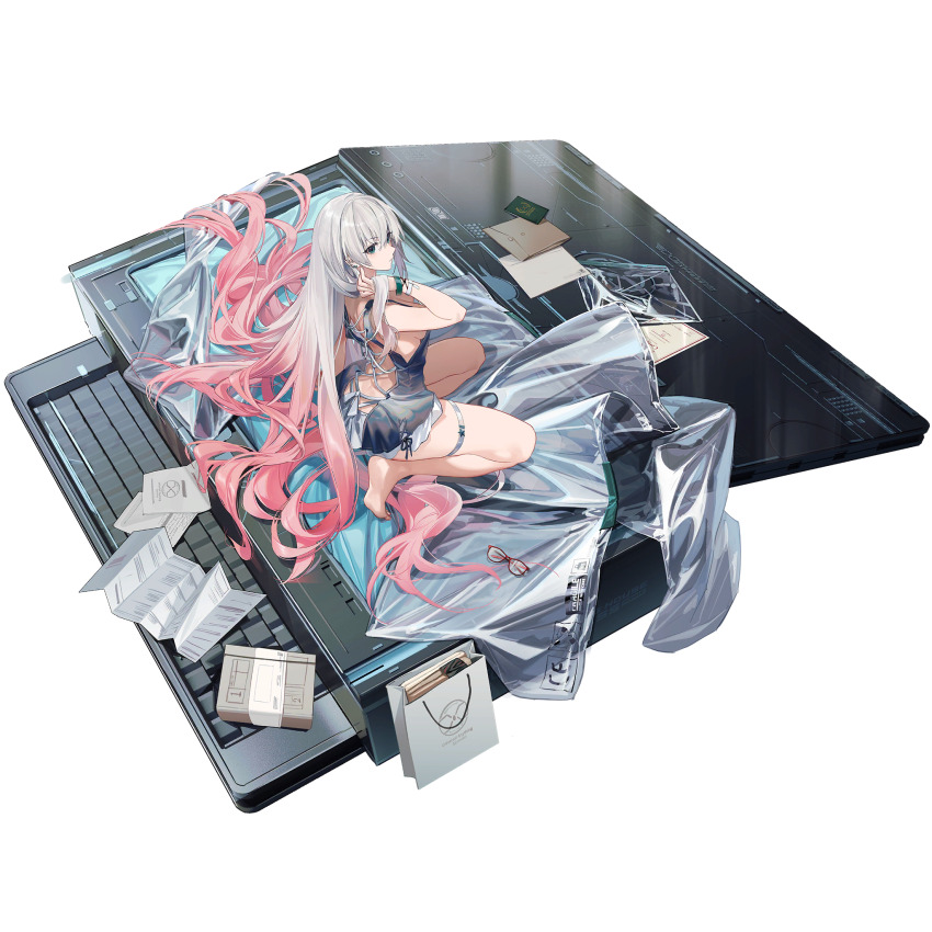 1girl adjusting_hair arrow_(symbol) awakening_(neural_cloud) bag barefoot box breasts certificate cross-laced_clothes cross-laced_dress dress ear_piercing envelope feet fragile_symbol from_above from_behind from_side full_body girls&#039;_frontline girls&#039;_frontline_neural_cloud gradient_hair grey_dress hair_between_eyes highres lam_(birth_of_logos)_(neural_cloud) lam_(neural_cloud) long_hair looking_at_viewer looking_to_the_side lwmmg_(girls&#039;_frontline) medium_breasts multicolored_hair official_art paper passport piercing pink_hair plastic_bag recycling_symbol red-framed_eyewear rff_(3_percent) science_fiction shopping_bag sideboob simple_background soles solo squatting star_(symbol) technology thigh_strap third-party_source three_quarter_view transparent_background unworn_eyewear very_long_hair white_hair wristband