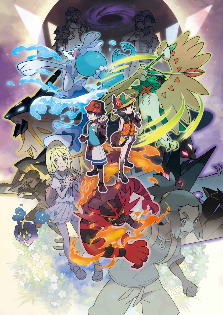 absurdres alternate_form backpack bag cosmog decidueye elio_(pokemon) everyone gen_7_pokemon hau_(pokemon) highres incineroar legendary_pokemon lillie_(pokemon) looking_at_viewer lunala necrozma necrozma_(dawn_wings) necrozma_(dusk_mane) nintendo official_art poke_ball pokemon pokemon_(creature) pokemon_usum primarina selene_(pokemon) selene_(pokemon_usum) solgaleo starter_pokemon_trio sugimori_ken you_(pokemon_usum)