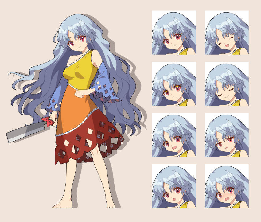 &gt;:( 1girl 4rion :d :o absurdres bare_legs bare_shoulders barefoot blue_sleeves blush bow breasts closed_eyes closed_mouth clothing_cutout commentary_request detached_sleeves diamond_cutout dress drop_shadow frilled_dress frills full_body grey_hair highres holding holding_weapon long_hair long_sleeves looking_at_viewer multicolored_dress multiple_expressions nata_(tool) nose_blush open_mouth red_bow red_eyes sakata_nemuno simple_background single-shoulder_dress single_strap small_sweatdrop smile solo standing tachi-e tearing_up touhou v-shaped_eyebrows very_long_hair wavy_hair weapon wide_sleeves