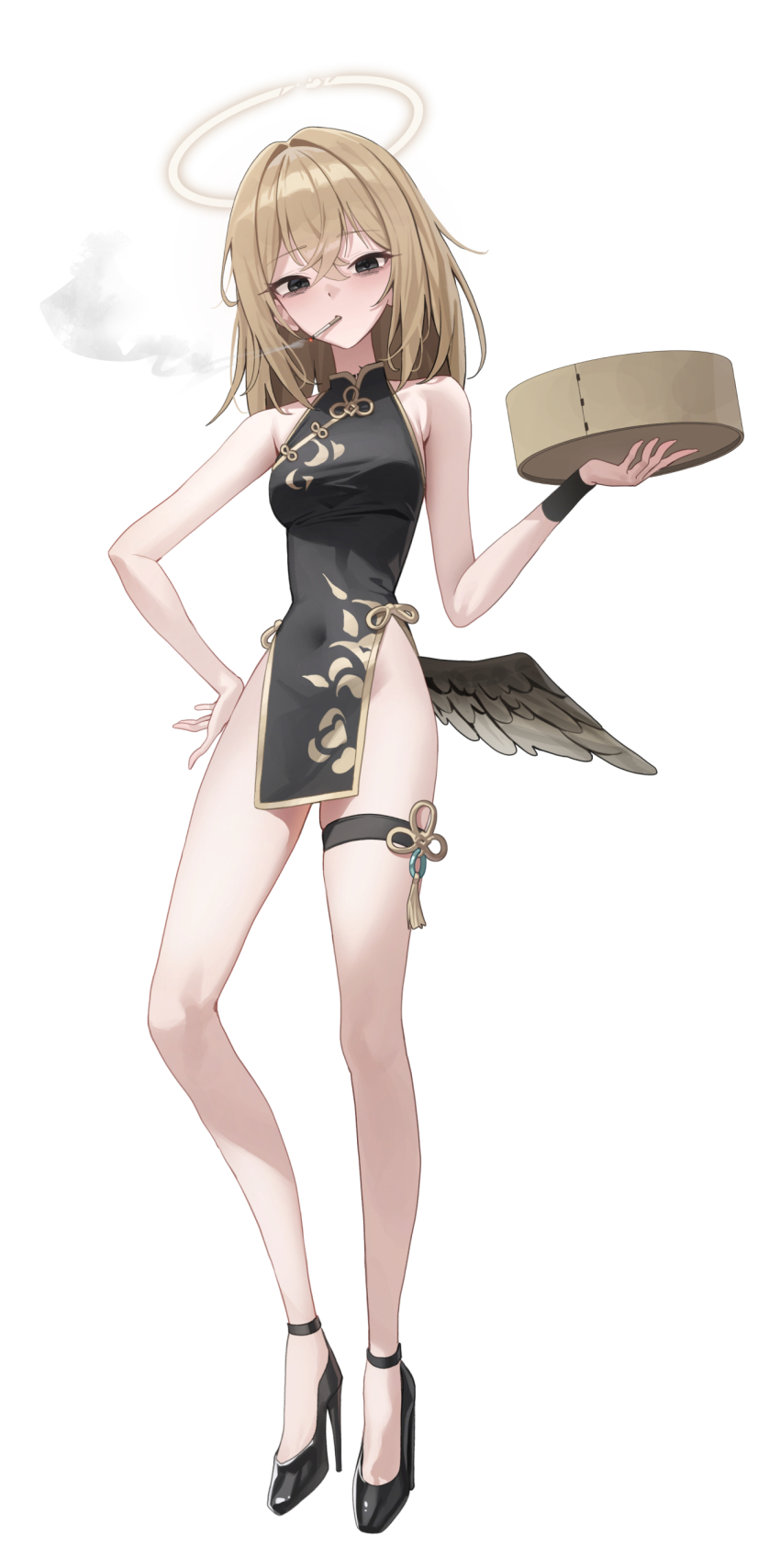 1girl absurdres angel bare_shoulders blonde_hair breasts china_dress chinese_clothes cigarette covered_navel dress fallen_angel grey_eyes halo high_heels highres long_hair looking_at_viewer low_wings mansu_(user_pnmp4287) original skindentation small_breasts smoking thigh_strap white_background wings