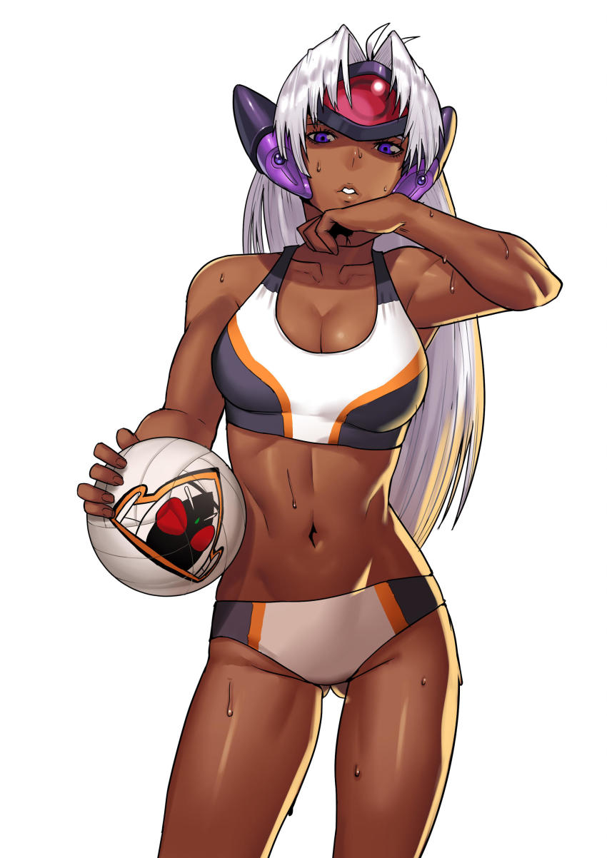 1girl absurdres ball bikini breasts cessa cleavage collarbone commentary commission dark-skinned_female dark_skin forehead_protector gluteal_fold grey_hair headgear highres holding holding_ball kamen_rider kamen_rider_fourze kamen_rider_fourze_(series) large_breasts long_hair navel purple_eyes solo sports_bikini sportswear sweat swimsuit t-elos tankini volleyball_(object) volleyball_uniform white_background xenosaga xenosaga_episode_iii