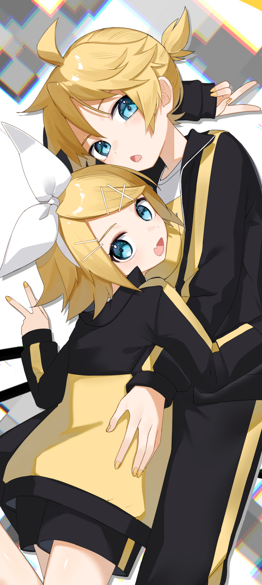 1boy 1girl absurdres ahoge black_jacket black_pants black_shorts blonde_hair blue_eyes bow fang hair_bow hair_ornament hairband hairclip highres jacket kagamine_len kagamine_rin looking_at_viewer multicolored_jacket open_clothes open_jacket open_mouth pants ponytail print_shirt project_diva_(series) reirou_(chokoonnpu) shirt short_hair short_ponytail shorts skin_fang smile stylish_energy_(module) t-shirt track_jacket track_suit two-tone_jacket v vocaloid white_bow white_hairband yellow_jacket yellow_nails