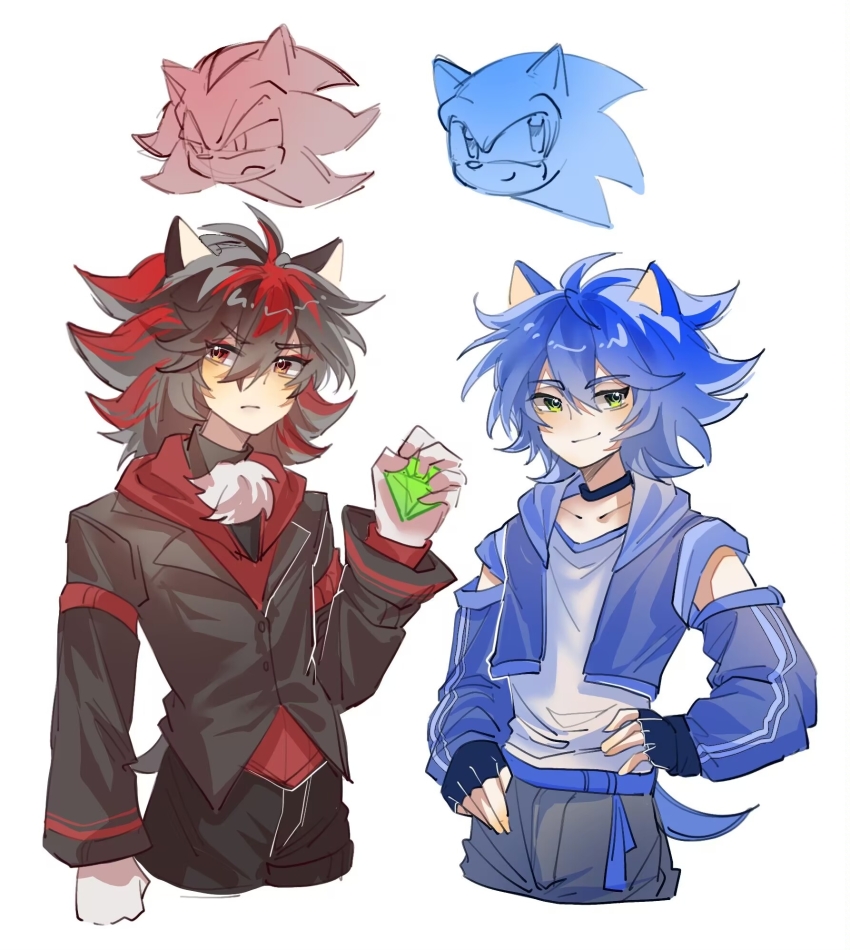 2boys aegyo_sal ahoge animal_ears bishounen black_coat black_hair blue_hair blue_jacket chaos_emerald chinese_commentary coat commentary_request cropped_jacket fingerless_gloves furry furry_and_humanization furry_male gem gloves green_eyes hand_on_own_hip hedgehog_boy highres holding holding_gem humanization jacket lazy065689 long_sleeves looking_at_viewer male_focus multicolored_hair multiple_boys red_eyes red_hair shadow_the_hedgehog shirt short_hair simple_background smile sonic_(series) sonic_the_hedgehog streaked_hair tail white_background white_shirt