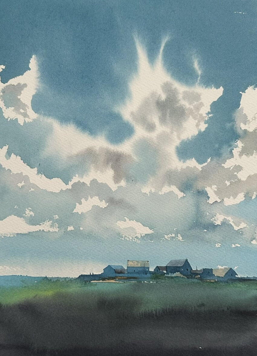 blue_sky building cloud cloudy_sky day highres horizon house mouen_tw no_humans original painting_(medium) scenery sky town traditional_media watercolor_(medium)