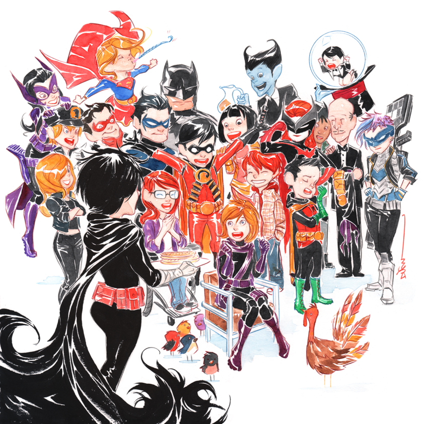 6+boys abuse alfred_pennyworth barbara_gordon batgirl batman batman_(series) batwoman bird black_bat black_canary black_hair blonde_hair blue_skin bluebird boots brothers bruce_wayne butler cape cassandra_cain colin_wilkes colored_skin damian_wayne dark_skin dc_comics dick_grayson domino_mask dustin_nguyen family father_and_son food gauntlets glasses harper_row highres huntress_(dc) jason_todd katana_(dc) kate_kane klarion kryptonian lady_blackhawk mask multiple_boys multiple_girls nightwing oracle oracle_(dc) orange_hair purple_hair red_hood_(dc) red_robin robin_(dc) siblings sitting spoiler_(dc) stephanie_brown supergirl superman_(series) syrup tamara_fox tim_drake turkey_(bird) waffle wheelchair zatanna_zatara
