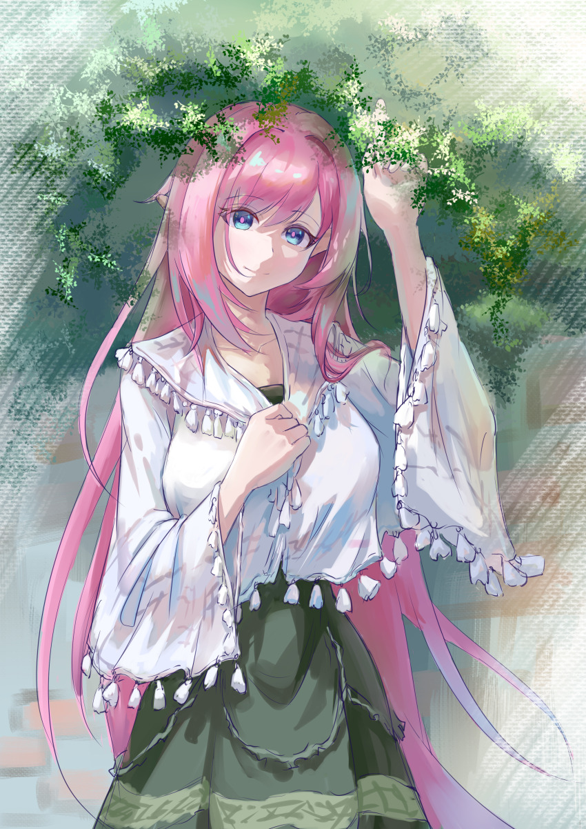 1girl absurdres alternate_costume black_skirt blue_eyes breasts chinese_commentary commentary_request elf elysia_(honkai_impact) highres honkai_(series) honkai_impact_3rd large_breasts long_hair looking_at_viewer pink_hair pink_pupils pink_smell pointy_ears shirt skirt smile solo very_long_hair white_shirt