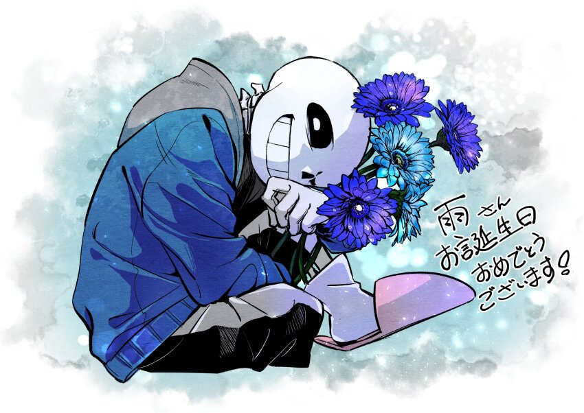 1boy ahin_vpv black_sclera black_shorts blue_jacket colored_sclera flower grin highres hood hoodie jacket male_focus one_eye_closed sans_(undertale) shorts sitting skeleton smile solo teeth undertale white_eyes