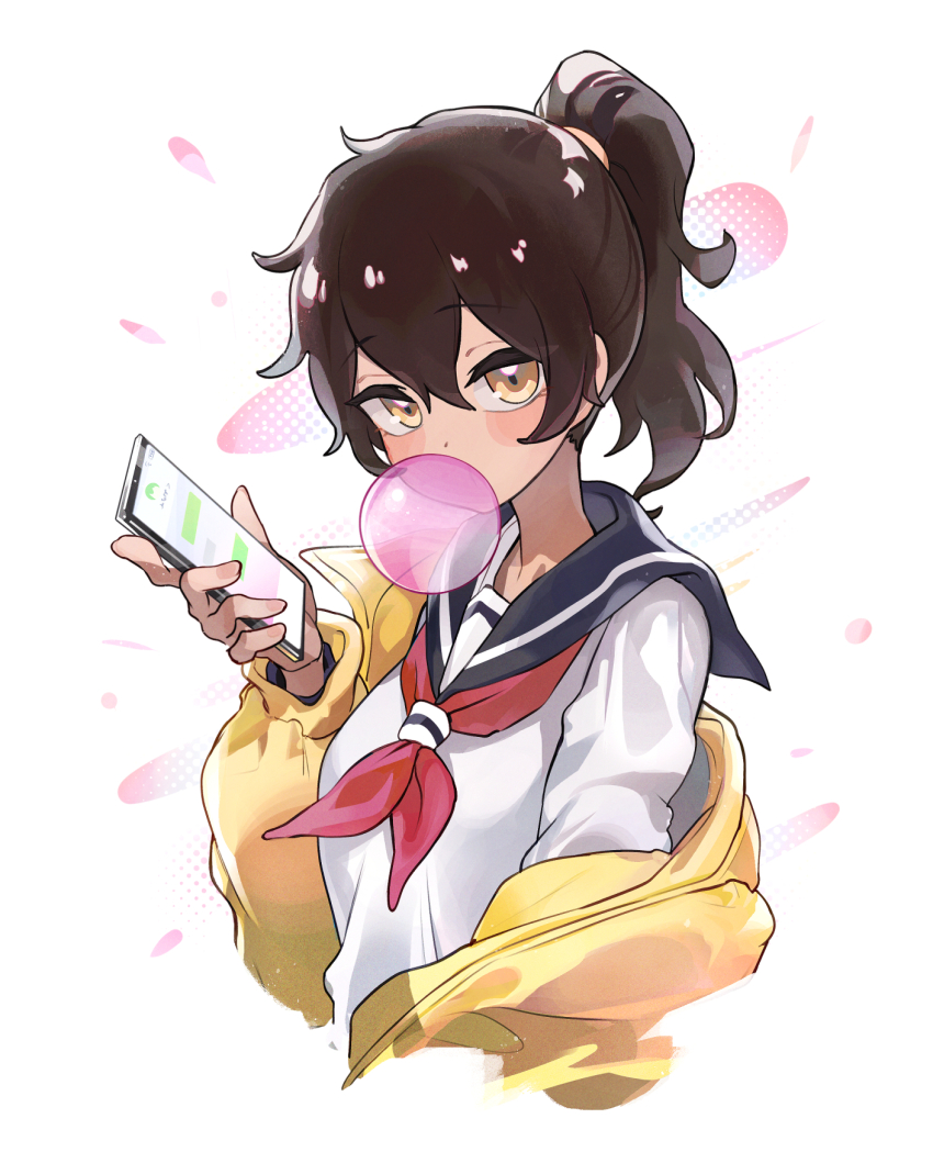 1girl aged_down black_sailor_collar brown_hair cellphone chewing_gum cropped_torso dark-skinned_female dark_skin highres holding holding_phone jacket kurobe_natsumi looking_at_viewer medium_hair mo0o0rae necktie off_shoulder open_clothes open_jacket phone ponytail red_necktie sailor_collar school_uniform senpai_ga_uzai_kouhai_no_hanashi serafuku shirt smartphone solo white_background white_shirt yellow_eyes yellow_jacket