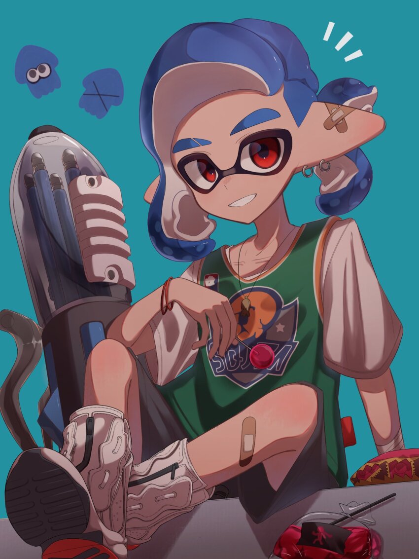 1boy ballpoint_splatling_(splatoon) bandaid bandaid_on_ear bandaid_on_leg basketball_jersey blue_background blue_hair boots commentary_request earrings eyebrow_cut ha_r_a_k highres hoop_earrings inkling inkling_boy inkling_player_character jewelry looking_at_viewer male_focus medium_hair nintendo notice_lines pointy_ears print_shirt red_eyes shirt simple_background sitting smile solo splatoon_(series) splatoon_3 teeth tentacle_hair thick_eyebrows white_boots