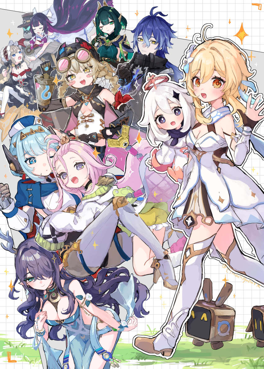1boy 6+girls absurdres ahoge aino_(genshin_impact) android antenna_hair antlers bangs_pinned_back bare_shoulders black_coat black_gloves black_hair black_hat blonde_hair blue_dress blue_eyes blue_hair blush blush_stickers boots braid breasts cleavage closed_eyes closed_mouth coat columbina_(genshin_impact) commentary_request dress etmachigaeatx eyewear_on_head flins_(genshin_impact) flower genshin_impact gloves goggles green_eyes green_hair grid_background hair_between_eyes hair_flower hair_ornament hair_over_one_eye halo hat head_wings headdress headgear highres horns ineffa_(genshin_impact) jahoda_(genshin_impact) jewelry lauma_(genshin_impact) long_hair looking_at_another looking_at_viewer lumine_(genshin_impact) mechanical_arms mole mole_under_eye multicolored_hair multiple_girls nefer_(genshin_impact) one_eye_closed open_mouth outline paimon_(genshin_impact) pink_hair pointy_ears pulonia_(genshin_impact) purple_hair robot sandrone_(genshin_impact) screw_hair_ornament short_hair short_hair_with_long_locks single_mechanical_arm sleeves_past_fingers sleeves_past_wrists smile star-shaped_pupils star_(symbol) symbol-shaped_pupils thigh_boots tinted_eyewear twin_braids two-tone_hair very_long_hair walking waving white_boots white_coat white_dress white_hair white_headdress white_outline white_wings wings yellow_eyes