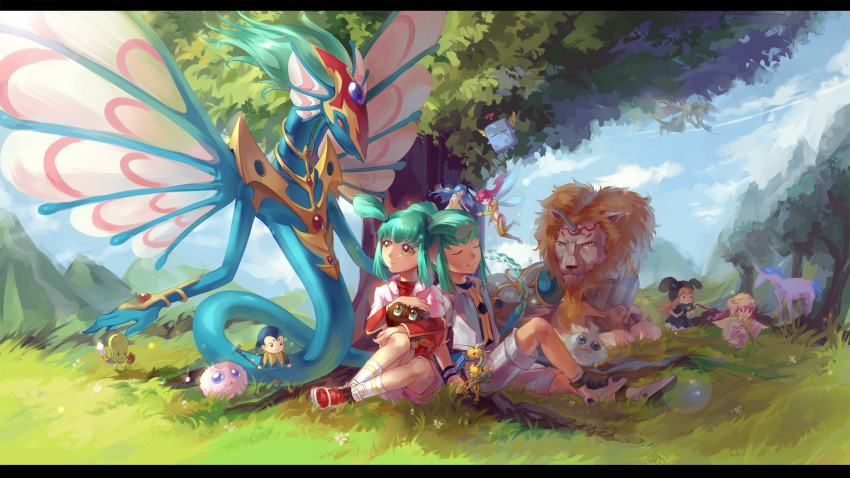 6+girls ancient_fairy_dragon armor brown_hair cape curran_(dragalia_lost) dress drill_hair duel_monster fairy fairy_wings green_hair hat highres jerry_beans_man key key_mace kuribon letterboxed li_jing life_stream_dragon lion long_hair lua_(yu-gi-oh!) luca_(yu-gi-oh!) mini_person minigirl mokey_mokey multiple_girls pink_hair ponytail power_tool_dragon regulus_(yu-gi-oh!) robot shield shorts siblings smile spirit_of_the_breeze spore_(yu-gi-oh!) sunlight_unicorn sunny_pixie sword thighhighs twins twintails unicorn watapon weapon whip white_magician_pikeru wings yoru_(77957792) yu-gi-oh! yu-gi-oh!_5d&#039;s