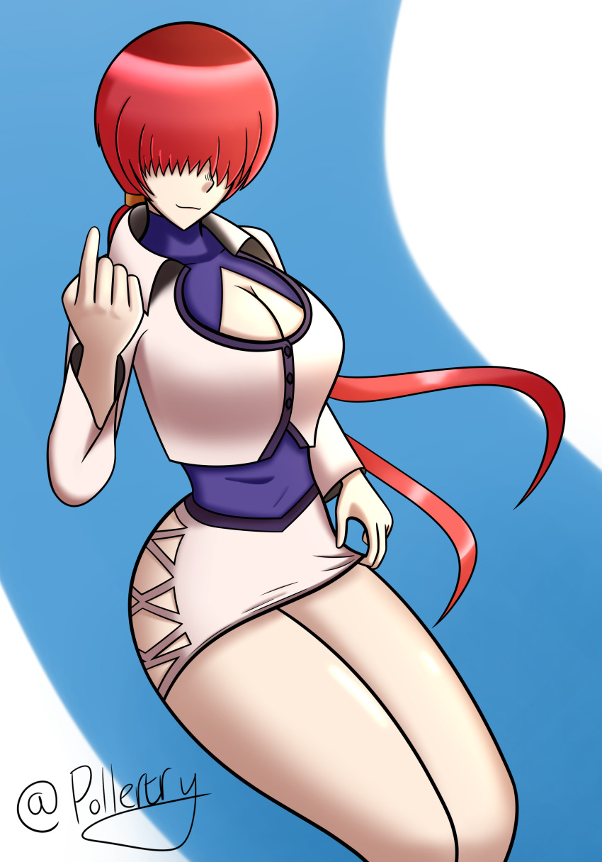 1girl absurdres breasts cleavage cleavage_cutout clothes_grab clothing_cutout curvy dress female_focus fishnets highres huge_breasts large_breasts long_hair pale_skin pollertry ponytail red_hair shermie_(kof) skirt smile the_king_of_fighters thick_thighs thighs twintails wide_hips