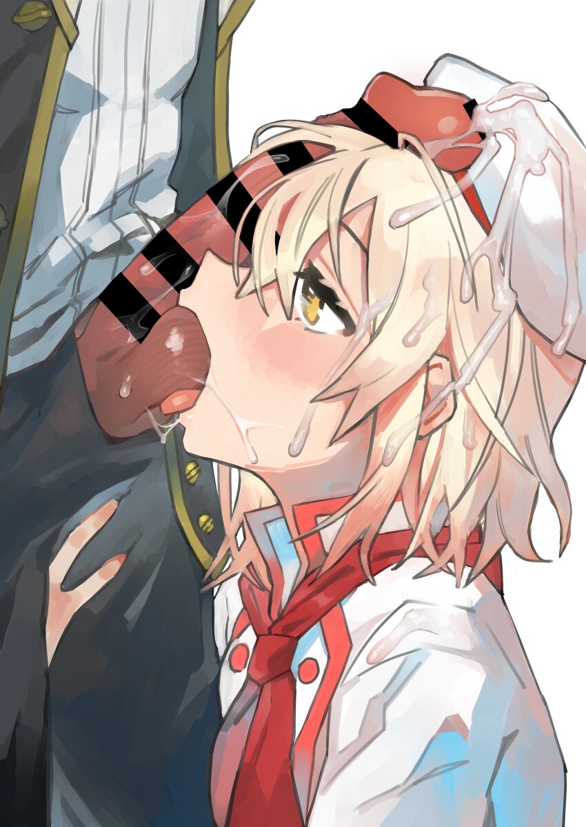 1boy 1girl absurdres alice_(egocentric_patissiere)_(tales) alice_(tales) bar_censor blonde_hair blush censored commission cum cum_on_body cum_on_hair cum_on_headwear facial grabbing_another&#039;s_thighs hat hetero highres mogamiya_honu official_alternate_costume oral pants penis penis_on_face regal_bryan short_hair tales_of_(series) tales_of_symphonia tales_of_symphonia:_dawn_of_the_new_world tales_of_the_rays testicle_sucking tongue tongue_out white_background yellow_eyes