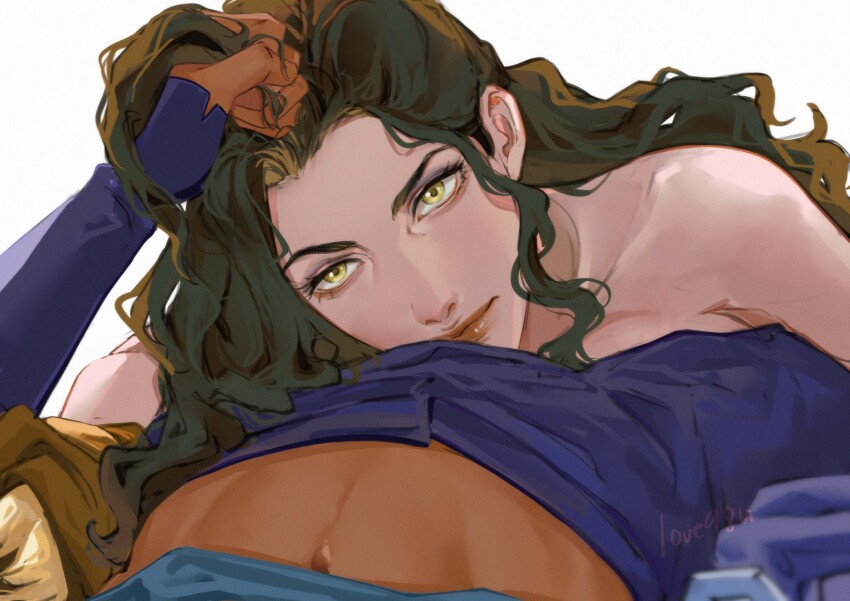 2girls absurdres asami_sato avatar_legends black_hair blue_pants closed_mouth commentary dark-skinned_female dark_skin grabbing_another&#039;s_hair green_eyes hashtag-only_commentary highres korra long_hair love98u midriff multiple_girls navel pants the_legend_of_korra yuri