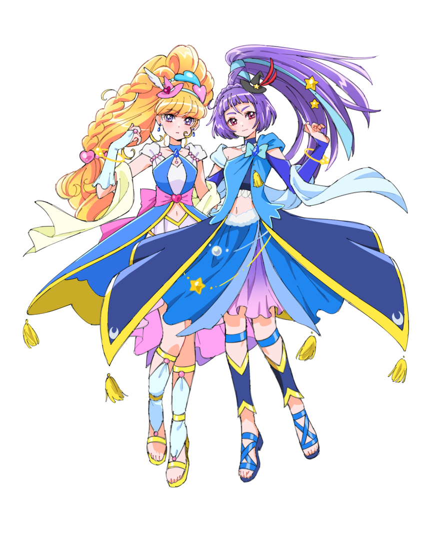 2girls asahina_mirai black_hat blonde_hair blue_choker blue_hairband blue_skirt braid bridal_gauntlets choker closed_mouth collarbone crown_braid cure_magical cure_magical_(sapphire_style) cure_miracle cure_miracle_(sapphire_style) detached_sleeves floating_hair full_body gradient_clothes gradient_skirt hairband hat hat_ornament heart heart_hat_ornament high_ponytail highres long_hair looking_at_viewer mahou_girls_precure! midriff mini_hat multicolored_skirt multiple_girls navel pink_hat pink_skirt ponytail precure purple_eyes purple_hair purple_skirt red_eyes shirako_love simple_background skirt standing stomach very_long_hair white_background white_skirt