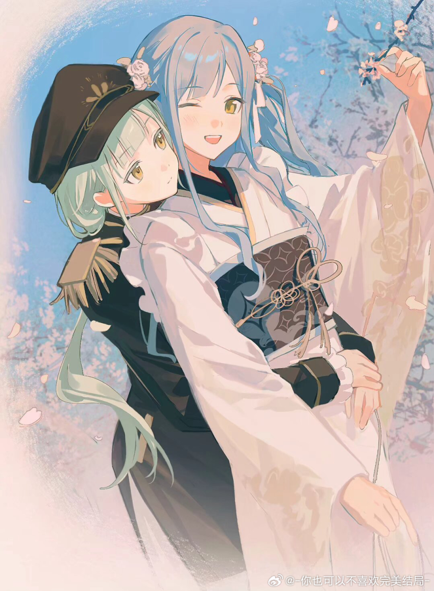 2girls :d alternate_costume arm_up arms_around_waist artist_request bang_dream! bang_dream!_it&#039;s_mygo!!!!! black_dress black_hat black_sash blue_hair blunt_bangs blurry border branch cherry_blossoms chinese_commentary closed_mouth colored_eyelashes commentary_request commission cowboy_shot depth_of_field dress epaulettes fading_border falling_petals floral_print floral_print_kimono flower frilled_kimono frilled_sleeves frills front-to-back green_hair hair_flower hair_ornament hair_ribbon hand_on_own_wrist hat highres holding holding_branch hug hug_from_behind japanese_clothes kimono light_blush light_smile long_hair long_sidelocks long_sleeves looking_at_another medium_dress multiple_girls obi obijime one_eye_closed open_mouth peaked_cap petals pink_border print_kimono print_sash ribbon sash second-party_source sidelocks sky smile teeth togawa_sakiko upper_teeth_only very_long_hair wakaba_mutsumi watermark weibo_watermark white_kimono white_ribbon wide_sleeves yellow_eyes yuri
