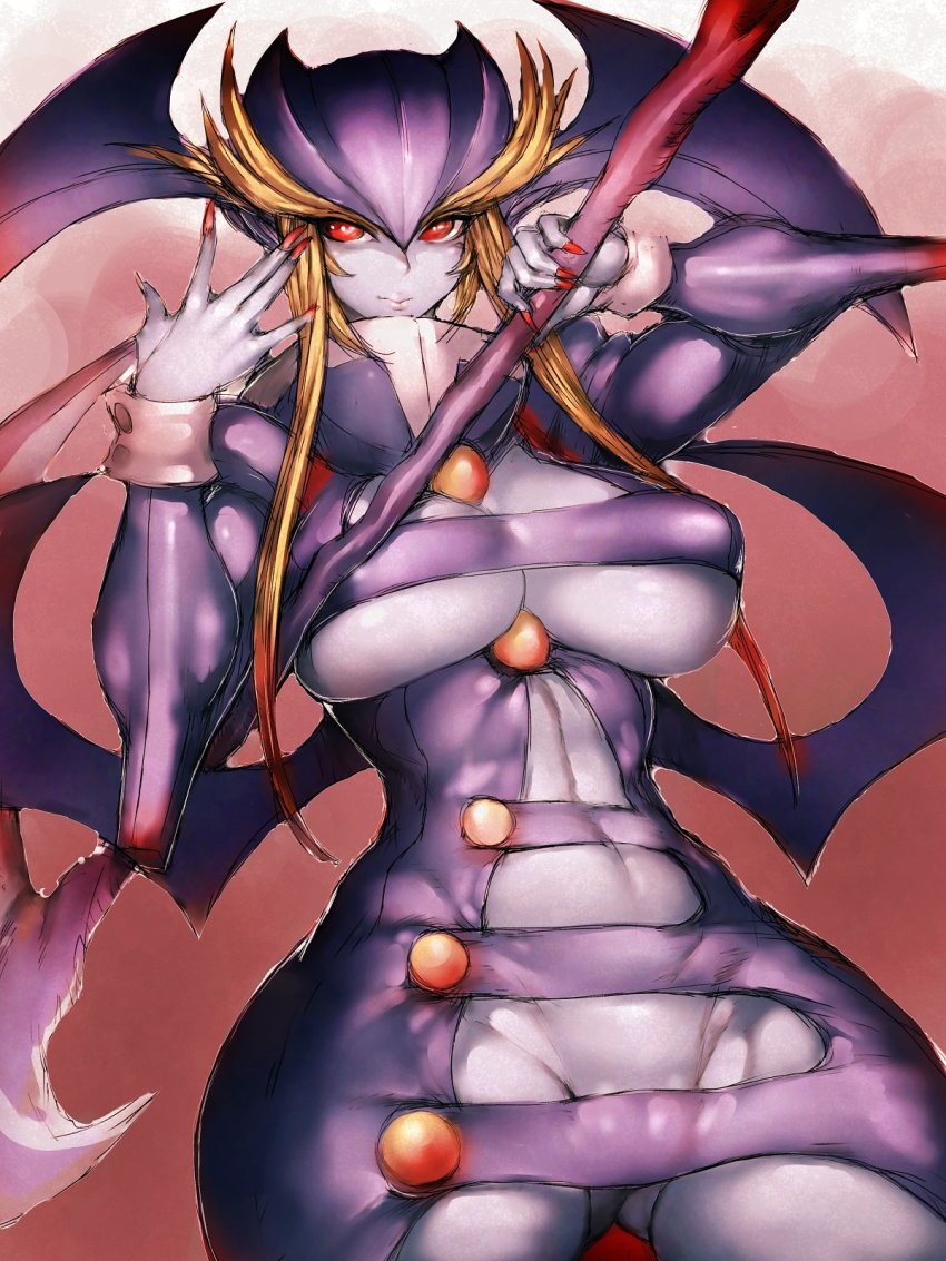 1girl bat_wings blonde_hair breasts cleavage colored_skin commentary_request covered_erect_nipples curvy darkstalkers female_focus fumio_(rsqkr) genderswap genderswap_(mtf) gradient_background head_wings highres jedah_dohma large_breasts light_smile looking_at_viewer nail_polish purple_skin red_background red_eyes red_nails scythe solo thick_eyebrows thick_thighs thighs vampire_savior:_the_lord_of_vampire wide_hips wings