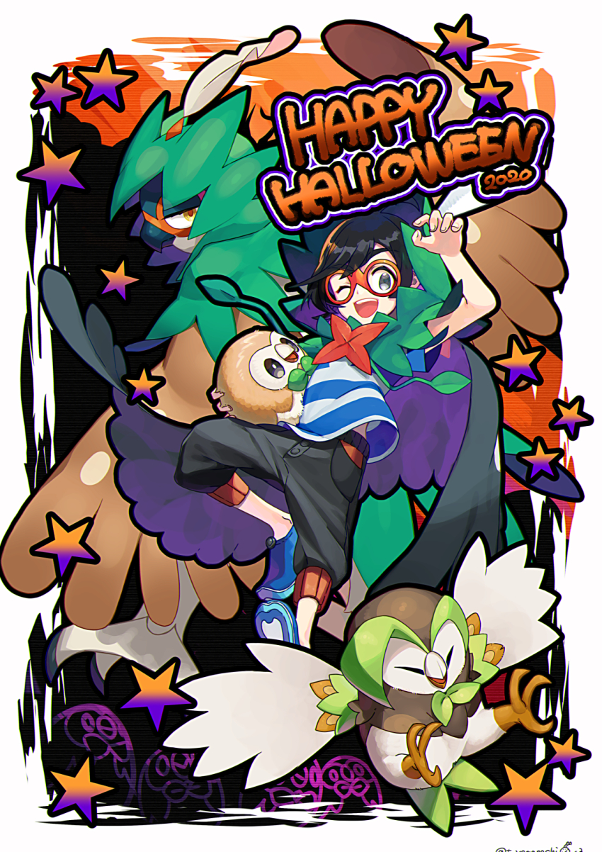 1boy ;d black_hair black_pants capri_pants commentary_request dartrix decidueye elio_(pokemon) evolutionary_line gen_7_pokemon grey_eyes halloween happy_halloween highres holding holding_pokemon looking_at_viewer male_focus nintendo one_eye_closed open_mouth orange-framed_eyewear pants pokemon pokemon_(creature) pokemon_sm rowlet shirt shoes short_sleeves smile star_(symbol) striped_clothes striped_shirt teeth tongue yamanashi_taiki