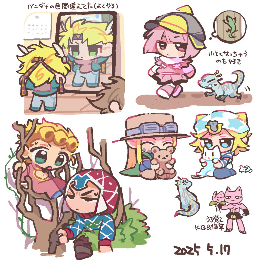 1girl 2others 6+boys animal argyle_clothes argyle_hat argyle_sweater beanie black_helmet blonde_hair blue_eyes blue_pants blue_sweater brown_hair brown_hat caesar_anthonio_zeppeli cape chibi commentary_request dated diamond_wa_kudakenai diego_brando dinosaur feather_hair_ornament feathers flower giorno_giovanna goggles goggles_on_headwear green_cape green_eyes guido_mista gyro_zeppeli hair_ornament hat helmet highres holding holding_animal holding_stuffed_toy hot_pants_(sbr) johnny_joestar jojo_no_kimyou_na_bouken joseph_joestar joseph_joestar_(young) killer_queen long_hair mirror multiple_boys multiple_others pants pink_eyes pink_hair red_hat reflection rizometa28 scary_monsters_(stand) short_hair sitting skirt speech_bubble stand_(jojo) star_(symbol) star_print steel_ball_run stray_cat_(jojo) stuffed_animal stuffed_toy sweater teddy_bear thought_bubble tree triangle_print vento_aureo white_hat