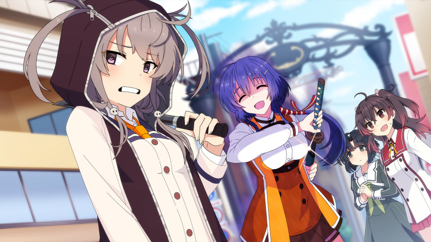 4girls ahoge angry asakura_mihono black_hair blue_hair blurry blurry_background breasts brown_hair closed_eyes collared_shirt dress furious furrowed_brow game_cg green_dress grey_hair grey_jacket hair_between_eyes hair_ornament hairclip heijou_institute_school_uniform holding holding_sword holding_weapon hood hood_up hooded_jacket jacket katana long_hair long_sleeves looking_at_another medium_breasts medium_hair minoseki_gakuin_uniform mole mole_under_eye multiple_girls musumi_kiyoka neck_ribbon necktie non-web_source open_clothes open_jacket open_mouth orange_jacket orange_necktie orange_ribbon osafune_girls_academy_school_uniform outdoors over_shoulder pleated_skirt purple_jacket red_eyes red_sailor_collar renpu_girls_school_uniform ribbon sailor_collar school_uniform setouchi_chie shaded_face sheath shichinosato_kofuki shirt short_hair short_sword skirt small_breasts standing sweat sword sword_over_shoulder tantou toji_no_miko toji_no_miko:_kizamishi_issen_no_tomoshibi two_side_up unsheathing weapon weapon_over_shoulder white_sailor_collar white_shirt winter_uniform