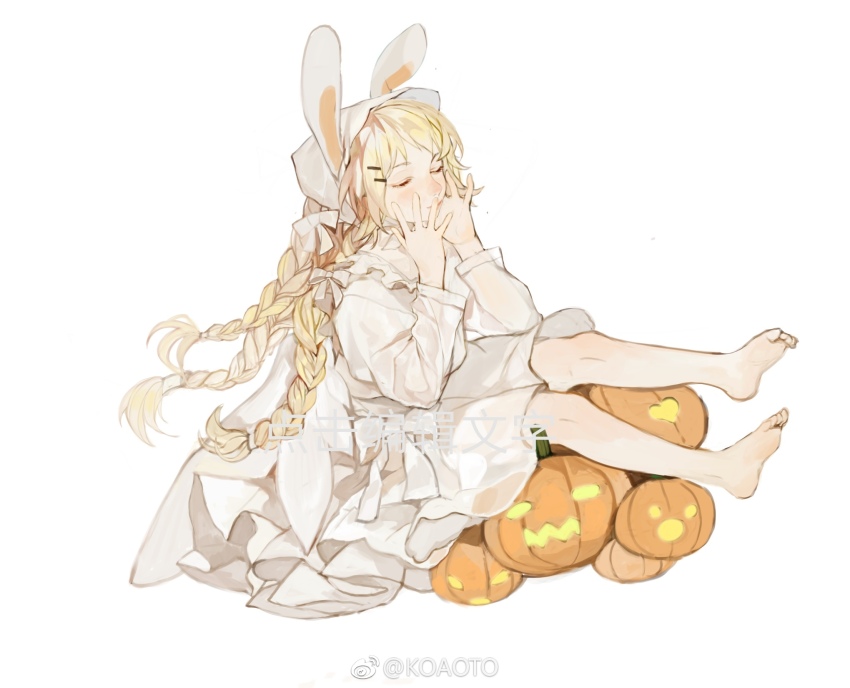 1girl animal_ears barefoot blonde_hair bow braid chinese_commentary closed_eyes closed_mouth collared_dress commentary_request commission dress ears_through_headwear expressionless feet frilled_dress frills full_body hair_bow hair_ornament hairclip hands_on_own_cheeks hands_on_own_face headscarf highres jack-o&#039;-lantern knees koaoto light_blush lips long_hair long_sleeves medium_dress multiple_braids multiple_hair_bows original pink_lips puffy_long_sleeves puffy_sleeves rabbit_ears sample_watermark see-through_clothes see-through_sleeves simple_background sitting solo toes very_long_hair waist_bow watermark weibo_watermark white_background white_bow white_dress white_headscarf