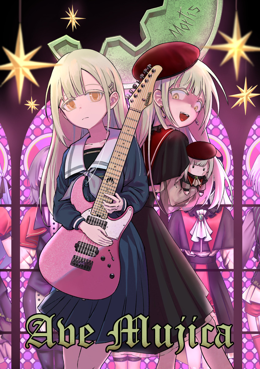 2girls absurdres amoris_(bang_dream!) ave_mujica_(bang_dream!) back-to-back bang_dream! bang_dream!_it&#039;s_mygo!!!!! beret blue_dress blush_stickers character_name commentary doloris_(bang_dream!) dress dual_persona earrings expressionless green_hair guitar hair_ornament hairclip hat highres holding holding_guitar holding_instrument instrument jewelry long_hair misumi_uika mortis_(bang_dream!) mortis_(costume)_(bang_dream!) mortis_(persona)_(bang_dream!) multiple_girls oblivionis_(bang_dream!) open_mouth red_hair rorikoh shaded_face teeth timoris_(bang_dream!) togawa_sakiko upper_teeth_only wakaba_mutsumi wakaba_mutsumi_(doll) yahata_umiri yellow_eyes yuutenji_nyamu