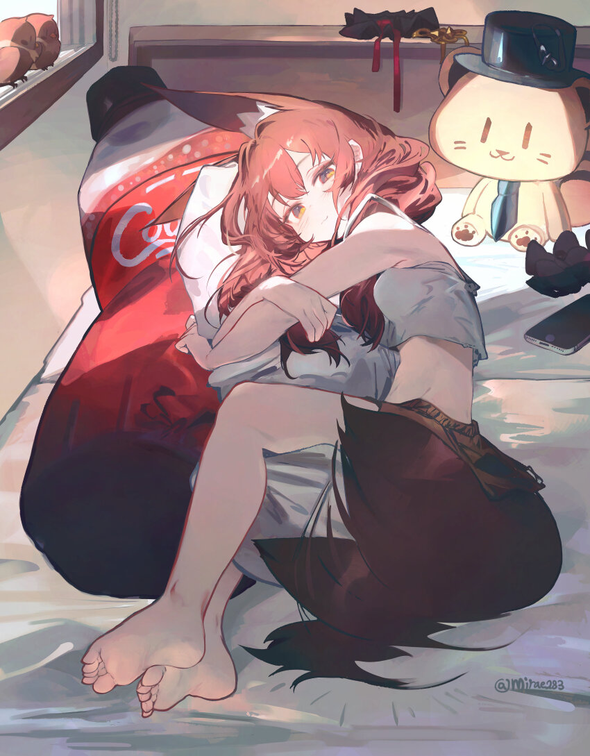 1girl absurdres animal animal_ear_fluff animal_ears bare_arms bare_legs bare_shoulders barefoot bed bird breasts brown_bird cellphone closed_mouth coca-cola commentary_request crop_top extra_ears feet fox_ears fox_girl fox_tail full_body hair_between_eyes highres hug hugging_object korean_commentary long_hair looking_at_viewer lying mirae283 on_bed on_side original phone pillow pillow_hug sidelocks small_breasts smartphone solo stuffed_toy tail tail_wagging tank_top toes toy twitter_username white_tank_top yellow_eyes