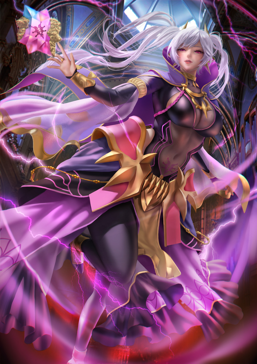 1girl absurdres bodystocking breasts cape cleavage commission commissioner_upload covered_navel dark_persona electricity eyes_of_grima fire_emblem fire_emblem_awakening fire_emblem_heroes full_body gold gold_armlet grima_(fire_emblem) highres jewelry kaopon large_breasts narrowed_eyes necklace nintendo non-web_source official_alternate_costume pubic_tattoo pubic_tattoo_through_clothing purple_cape red_eyes female_robin_(fell_tactician)_(fire_emblem) see-through_clothes skeb_commission tattoo twintails white_hair