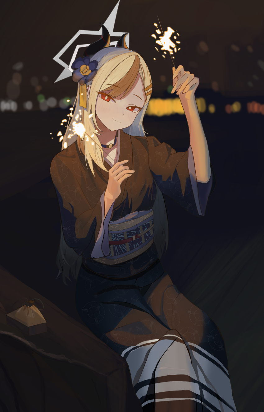 1girl absurdres black_hair black_horns black_kimono blue_archive blurry blurry_background closed_mouth commentary demon_horns english_commentary flower grey_hair hair_flower hair_ornament halo head_tilt highres holding holding_fireworks horns japanese_clothes kayoko_(blue_archive) kayoko_(new_year)_(blue_archive) kimono long_hair looking_at_viewer night obi official_alternate_costume official_alternate_hairstyle red_eyes sash sitting smile solo sparkle swept_bangs wide_sleeves xin_kong_miao_you_my