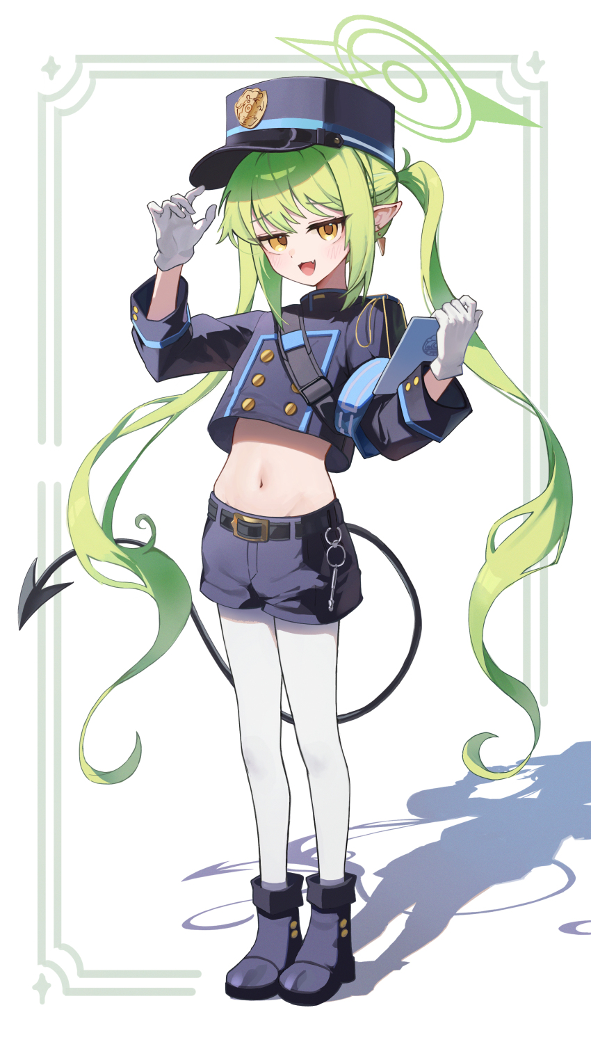 1girl absurdres blue_archive blue_jacket blue_shoes blue_shorts chann837 full_body gloves green_hair green_halo halo highres holding jacket midriff navel nozomi_(blue_archive) pantyhose pointy_ears shadow shoes shorts solo twintails white_background white_gloves white_pantyhose