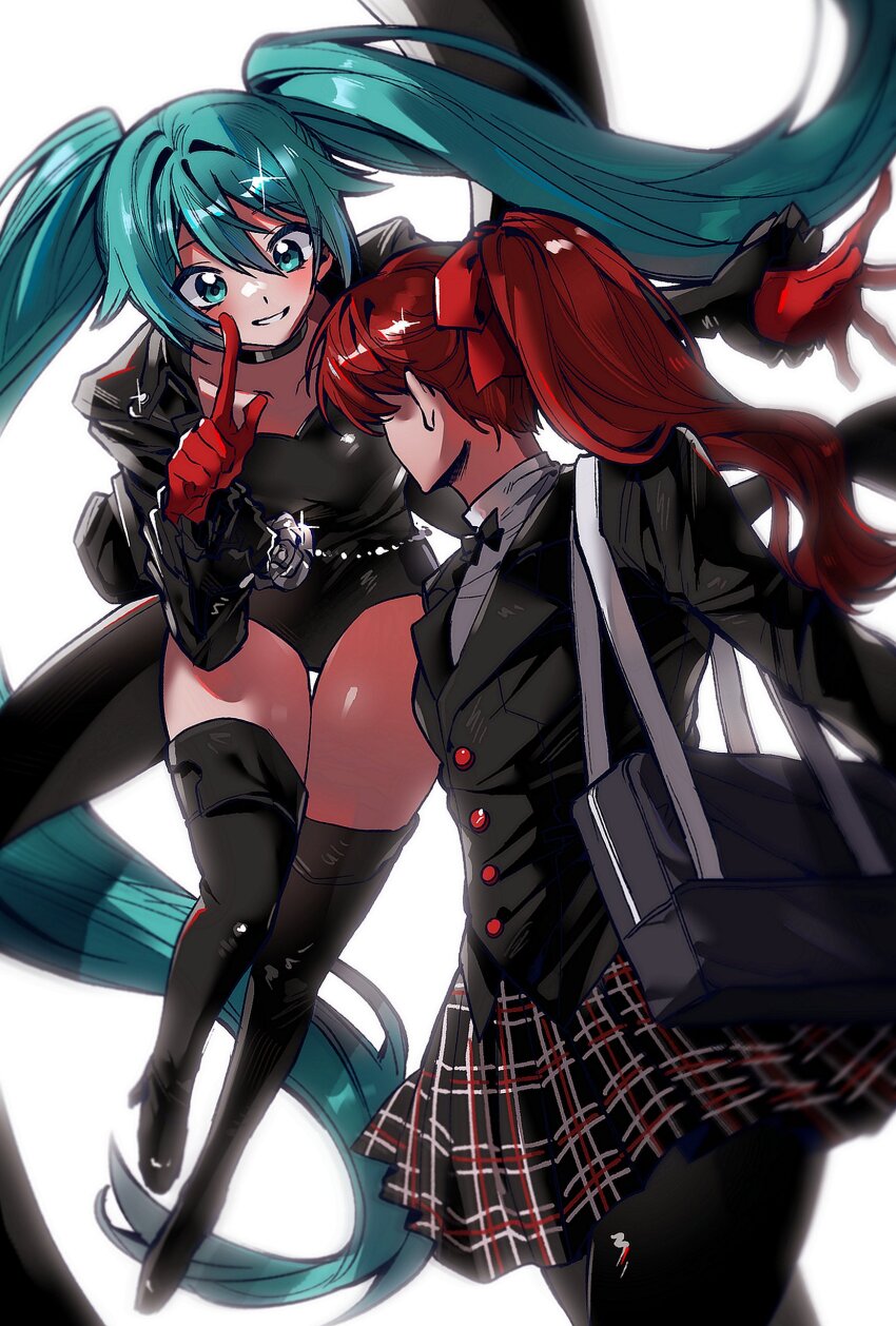 2girls absurdres aqua_eyes aqua_hair bag black_bag black_boots black_choker black_coat black_jacket black_leotard black_pantyhose black_skirt blazer blush boots bow choker coat commentary_request cosplay cowboy_shot ddunnaaaaa finger_to_cheek full_body gloves hair_between_eyes hair_bow hand_up hatsune_miku highres jacket korean_commentary leotard long_hair long_sleeves looking_at_another multiple_girls pantyhose persona persona_5 persona_5_the_royal plaid_clothes plaid_skirt ponytail project_sekai red_bow red_gloves red_hair school_bag school_uniform shirt shuujin_academy_school_uniform simple_background skirt smile sparkle thigh_boots turning_head twintails very_long_hair violet_(persona_5) vocaloid white_background white_shirt yoshizawa_kasumi yoshizawa_kasumi_(cosplay)