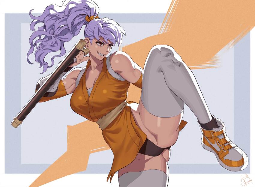 alternate_color black_panties breasts brown_eyes cleavage fighting_stance final_fight_2 genryuusai_maki grin highres japanese_clothes kimono large_breasts leg_up long_hair muscular muscular_female ogami orange_kimono panties pelvic_curtain ponytail purple_hair shoes short_kimono smile sneakers thighhighs tonfa underwear weapon white_thighhighs