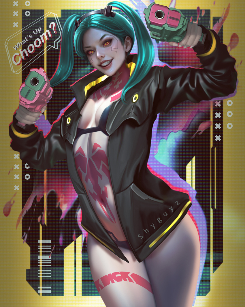 1girl :d artificial_eye black_jacket bra breasts cleavage colored_sclera colored_skin curvy cyberpunk cyberpunk_(series) cyberpunk_edgerunners cyborg green_hair gun handgun highres holding holding_gun holding_weapon jacket leg_tattoo long_hair looking_at_viewer mechanical_eye mechanical_hands neck_tattoo open_mouth pink_tattoo rebecca_(cyberpunk) red_pupils red_sclera samurai_jacket_(cyberpunk) shyguyz small_breasts smile solo stomach_tattoo tattoo twintails underwear weapon white_skin wide_hips
