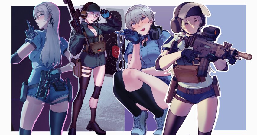 1girl absurdres ammunition_pouch asymmetrical_legwear belt black_socks black_thighhighs blonde_hair blue_eyes bulletproof_vest combat_helmet cuffs dangodes finger_to_mouth gag german_flag gsg_9 gun gunbelt h&amp;k_g36c h&amp;k_usp hand_up handcuffs handgun headset helmet highres holster jacket johanna_aubrecht long_hair looking_at_viewer multiple_views notepad optical_sight original pen pouch radio reference_sheet shirt shushing socks tactical_clothes thigh_holster thighhighs weapon weapon_case white_shirt