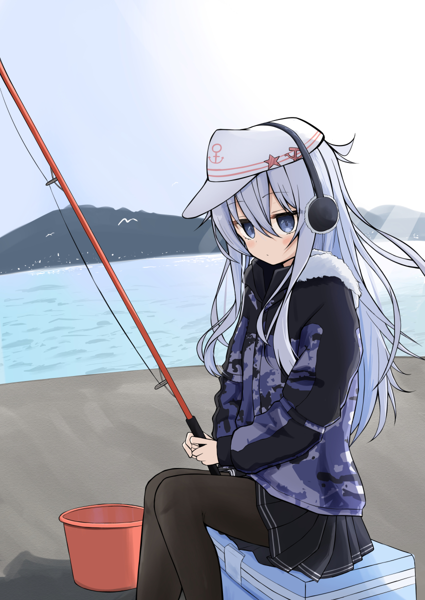 1girl absurdres black_pantyhose black_skirt blue_eyes bucket camouflage camouflage_jacket commentary commission earmuffs expressionless feet_out_of_frame fishing flat_cap grey_hair hammer_and_sickle hat hibiki_(kancolle) highres jacket kantai_collection long_hair long_sleeves outdoors pantyhose pleated_skirt shirasu_(sirasuillust) sitting skeb_commission skirt solo verniy_(kancolle) verniy_(saury_festival)_(kancolle) white_hat