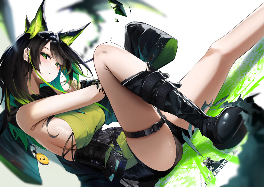 1girl absurdres aqua_hair arknights bare_shoulders belt belt_buckle black_belt black_boots black_hair blurry blurry_background blush boots breasts buckle closed_mouth emoji foot_out_of_frame green_eyes green_hair green_shirt highres knee_boots knee_up large_breasts material_growth medium_hair mon3tr_(arknights) oripathy_lesion_(arknights) paint paint_splatter rhodes_island_logo_(arknights) shirt sideboob sitting solo thigh_belt thigh_strap white_background yuki_(yuki_yu_owo)