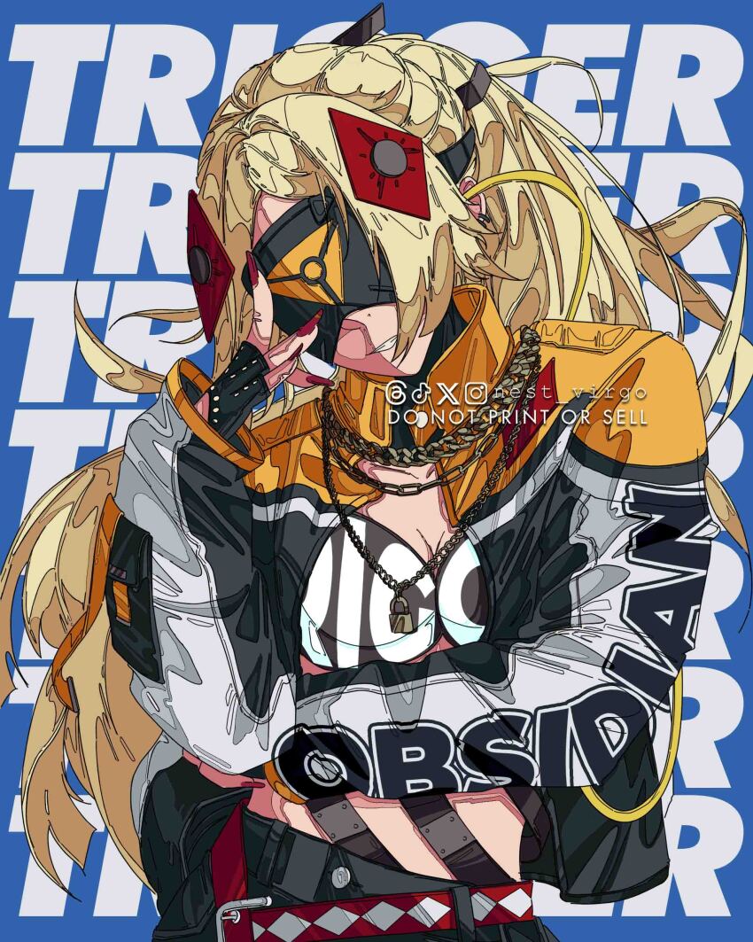 1girl absurdres alternate_costume artist_name blindfold blonde_hair blue_background bra breasts chain character_name cleavage covered_eyes english_text fingerless_gloves fingernails gloves hair_ornament highres instagram_logo instagram_username jacket lock_necklace long_fingernails long_hair medium_breasts nail_polish nest_virgo open_clothes open_jacket pants simple_background solo tiktok_logo trigger_(zenless_zone_zero) twitter_logo twitter_username underwear zenless_zone_zero