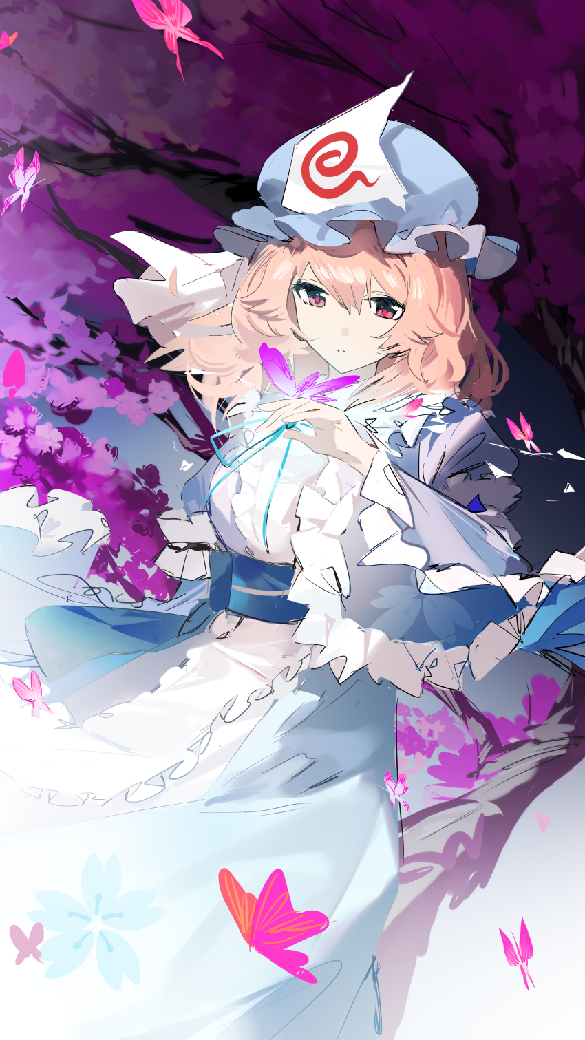 1girl absurdres blue_hat blue_kimono blue_ribbon blue_sash breasts bug butterfly butterfly_on_hand cherry_blossoms chinese_commentary commentary_request cowboy_shot frilled_kimono frilled_sleeves frills hair_between_eyes hako_(misheyes) hat highres insect japanese_clothes kimono long_sleeves looking_at_animal medium_hair mob_cap neck_ribbon parted_lips pink_butterfly pink_eyes pink_hair ribbon saigyouji_yuyuko sash sleeve_garter solo standing touhou tree triangular_headpiece waist_sash wide_sleeves