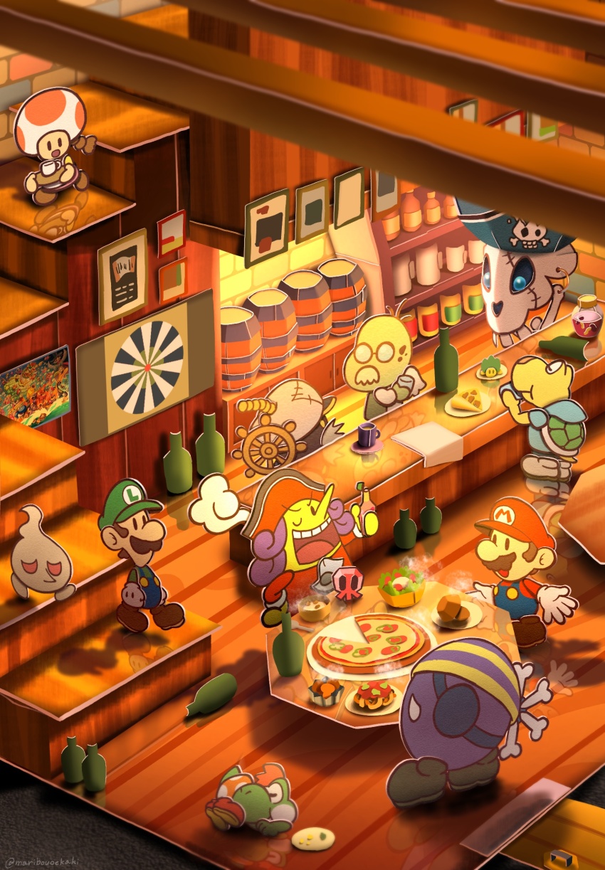 admiral_bobbery artist_name barrel blue_overalls brown_footwear cabbie_hat cortez eyepatch facial_hair flavio food fuse gloves green_hat green_shirt hat highres koops luigi maribou_(supermaribou) mario mario_(series) mini-yoshi mustache nintendo overalls pa-patch paper_luigi paper_mario paper_mario:_the_thousand_year_door paper_mario_(character) pizza podley red_hat red_shirt screamy shadow shirt shoes sleeping solid_oval_eyes white_footwear white_gloves yoshi