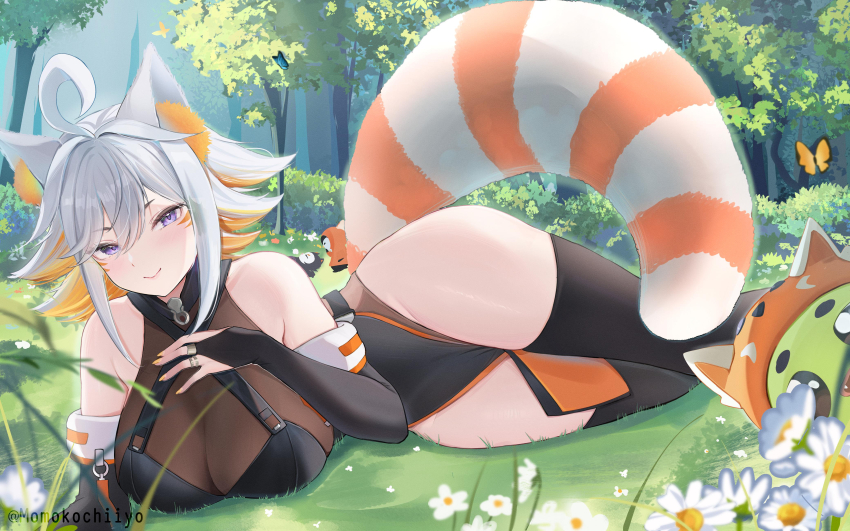 absurdres animal_ears breasts bug butterfly demenishki forest highres indie_virtual_youtuber insect large_breasts looking_at_viewer lying momokochiiyo multicolored_hair nature orange_hair purple_eyes raccoon_ears raccoon_tail smile solo tail thighs virtual_youtuber white_hair