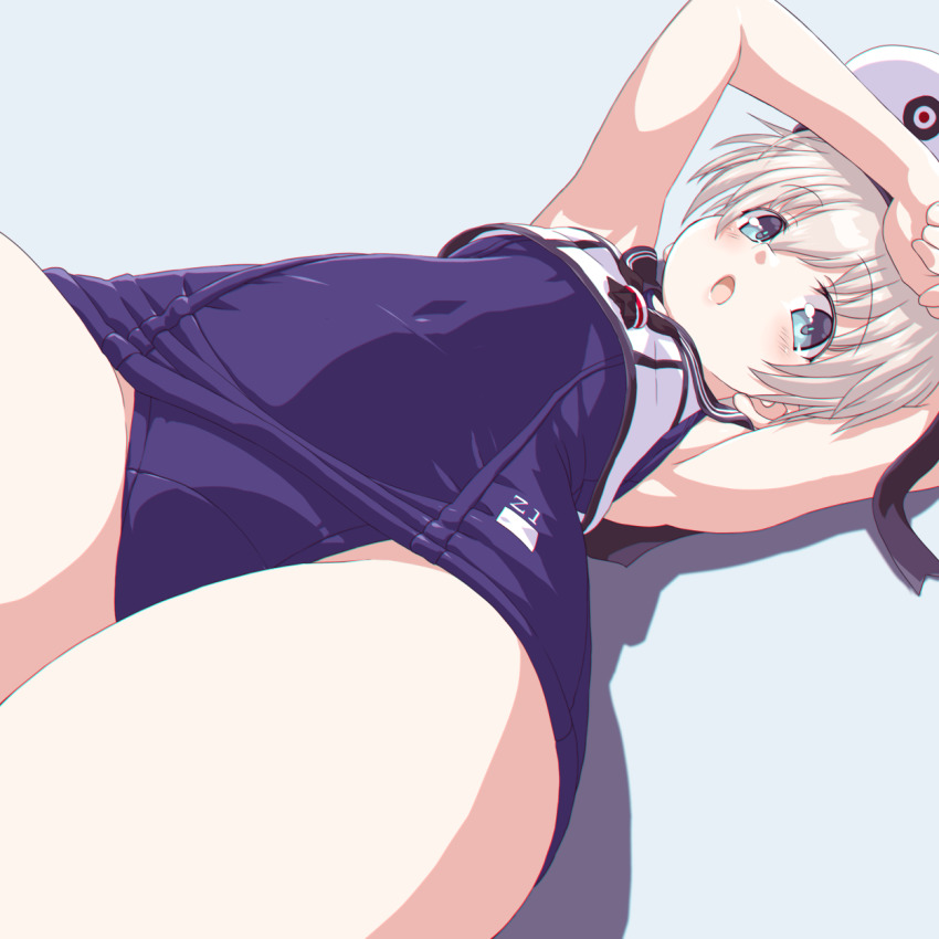 1girl armpits arms_up bare_arms bare_shoulders blue_eyes blush breasts clothes_writing cosplay covered_navel crop_top dd_(ijigendd) hat highres kantai_collection looking_at_viewer nontraditional_school_swimsuit one-piece_swimsuit open_mouth ro-500_(kancolle) ro-500_(kancolle)_(cosplay) sailor_collar sailor_hat school_swimsuit school_uniform serafuku short_hair silver_hair simple_background solo swimsuit white_background z1_leberecht_maass_(kancolle)