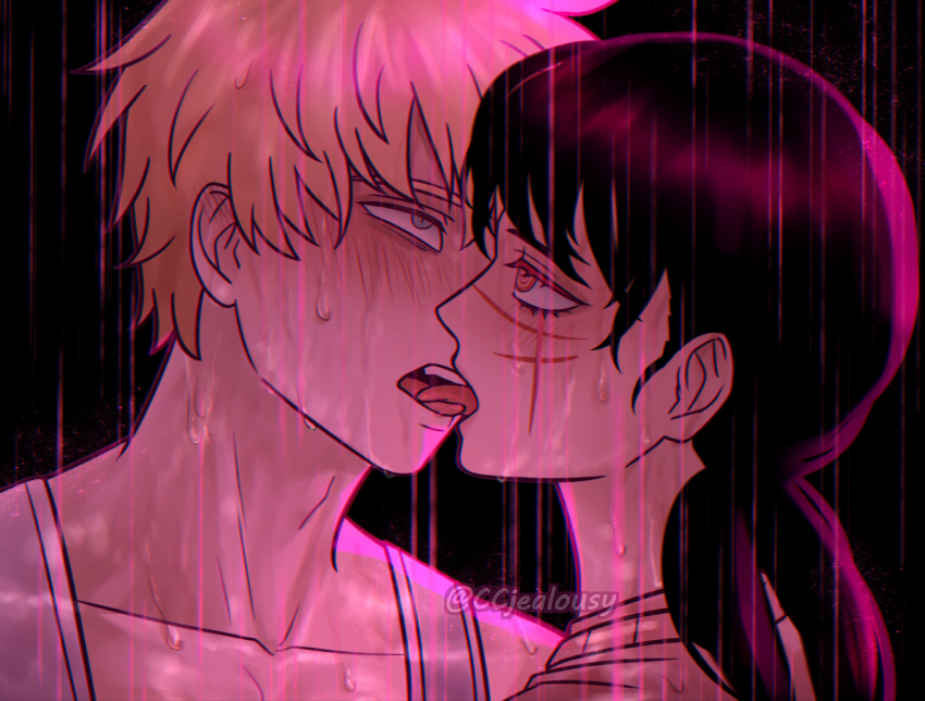 1boy 1girl black_hair blonde_hair chainsaw_man chainsaw_man&#039;s_handjob_scene collarbone commentary czy_(2894456992) denji_(chainsaw_man) french_kiss grey_eyes hetero kiss low_twintails orange_eyes rain tank_top tongue tongue_out twintails twitter_username watermark wet white_tank_top yoru_(chainsaw_man)