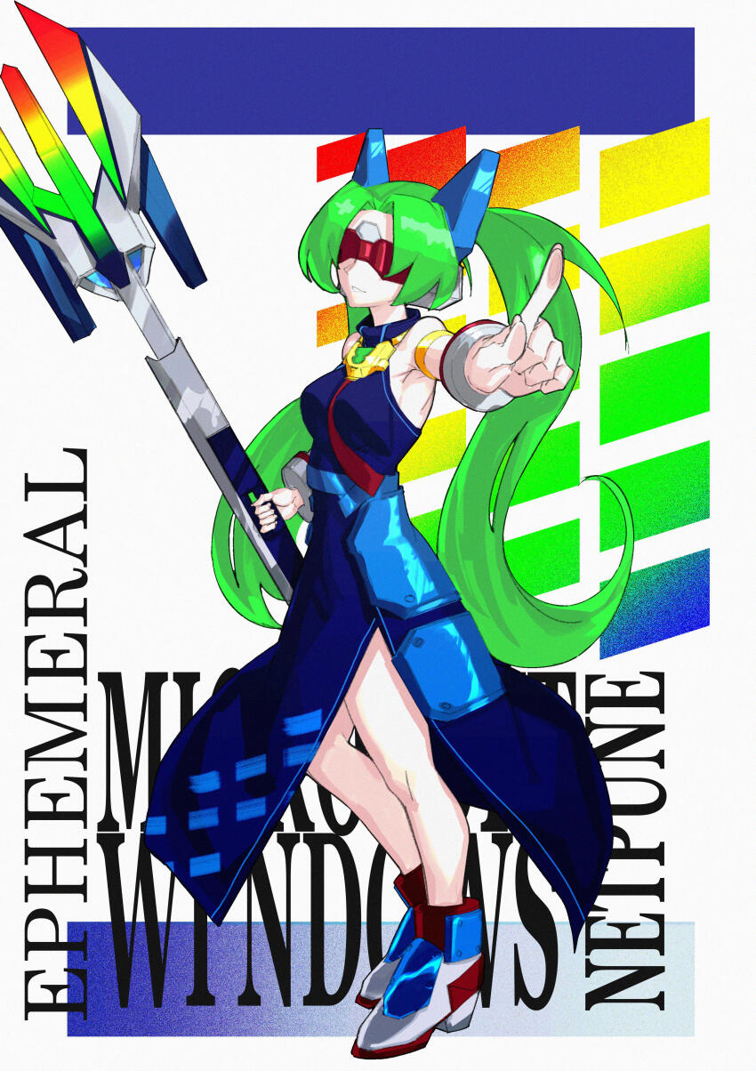 1girl absurdres alt_text blue_dress bracelet breasts commentary covered_eyes dress english_commentary green_hair grey_shoes highres holding holding_polearm holding_weapon jewelry long_hair microsoft_windows neptune-tan os-tan pointing polearm red-tinted_eyewear shoes solo teku-a-fool tinted_eyewear trident twintails weapon