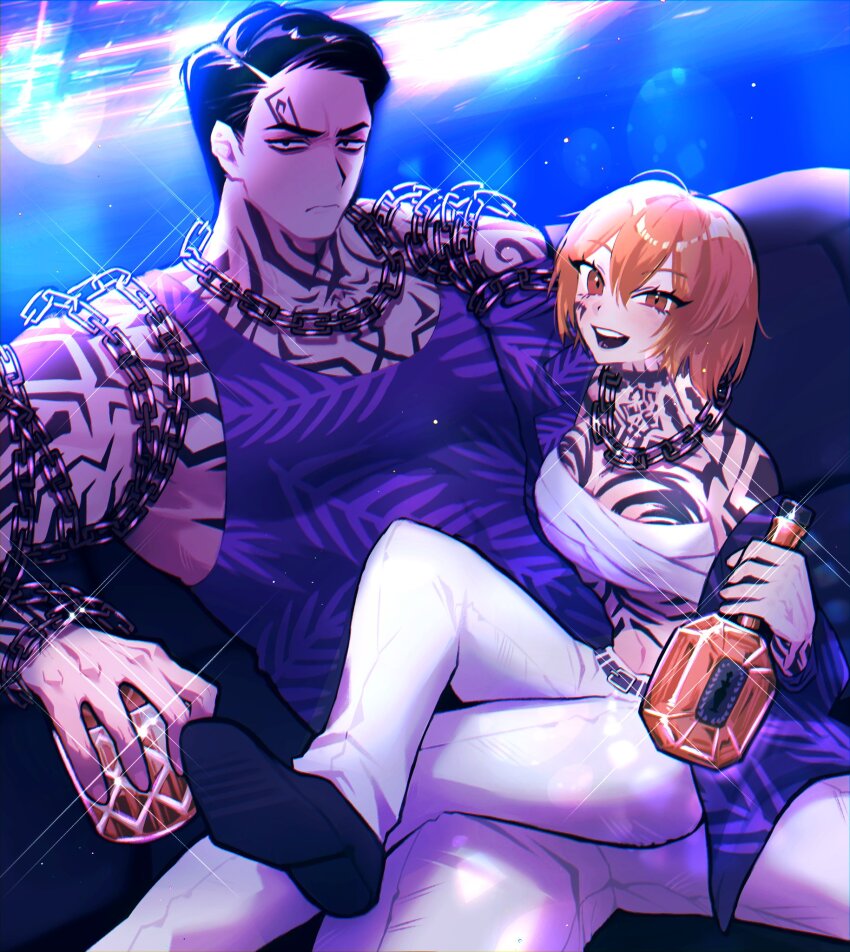 1boy 1girl alcohol arm_tattoo black_footwear blonde_hair bottle breasts chain chain_necklace chest_sarashi chest_tattoo don_quixote_(project_moon) glint highres holding holding_bottle jewelry large_breasts limbus_company liquor long_sleeves meursault_(project_moon) neck_tattoo necklace nyak_138 official_alternate_costume open_mouth pants project_moon purple_shirt sarashi shirt shoes short_hair sitting size_difference sleeveless sleeveless_shirt smile tattoo white_pants yellow_eyes