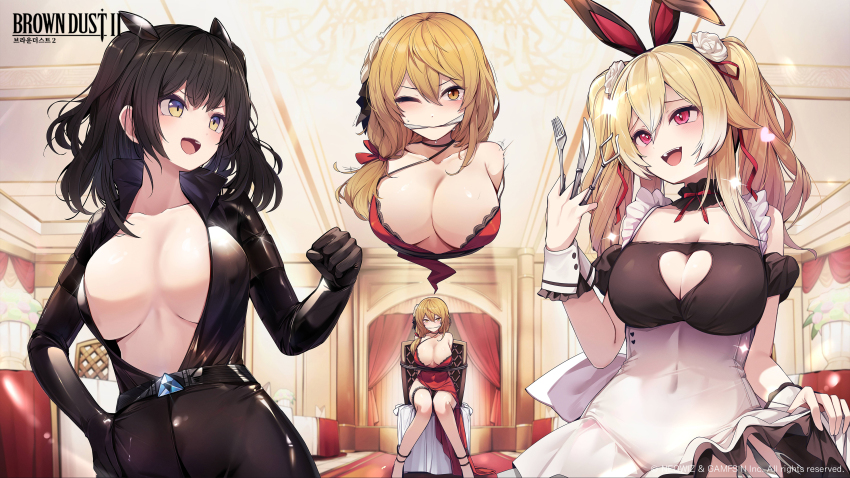 3girls absurdres animal_ears bdsm black_bodysuit black_choker black_dress blush bodysuit bondage bound bound_arms breasts brown_dust_(series) brown_dust_2 brown_eyes chandelier choker cleavage cloth_gag clothes_lift clothing_cutout copyright_name covered_navel curtains ddangbi dress elise_(brown_dust_2) evil_smile fake_animal_ears feet_out_of_frame fork gag hair_between_eyes heart heart_cutout highres holding holding_fork holding_knife improvised_gag knife large_breasts liatris_(brown_dust) lifting_own_clothes looking_at_another maid medium_hair multiple_girls multiple_views official_art one_eye_closed partially_unzipped rabbit_ears red_dress red_eyes scheherazade_(brown_dust) second-party_source sitting skirt skirt_lift smile speech_bubble stage_curtains table teeth upper_teeth_only