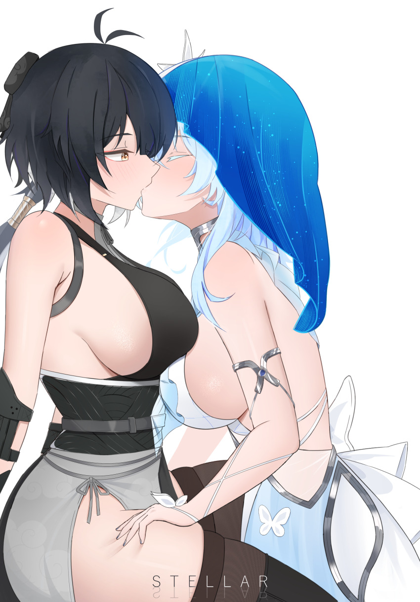 2girls absurdres bare_shoulders black_dress black_hair black_thighhighs blue_hair blush breasts closed_eyes commentary dress female_rover_(wuthering_waves) hand_on_another&#039;s_thigh highres kiss large_breasts long_hair multiple_girls ponytail rover_(wuthering_waves) shorekeeper_(wuthering_waves) sideboob stellar_(ssstellar) thighhighs veil white_background white_dress wuthering_waves yellow_eyes yuri